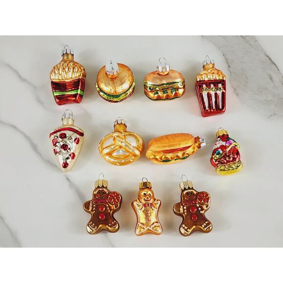 Christmas Mini Blown Glass Tree Ornament Fast Food Pop Corn Hot Dog 90s x11 - Picture 1 of 13